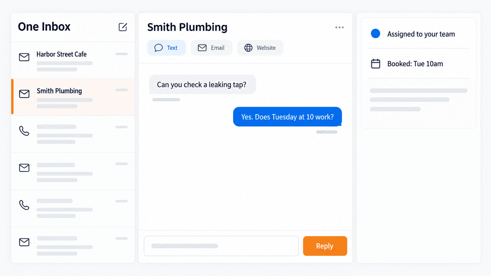 An example shared inbox with business conversations, a repair request, a reply, and an assigned booking.