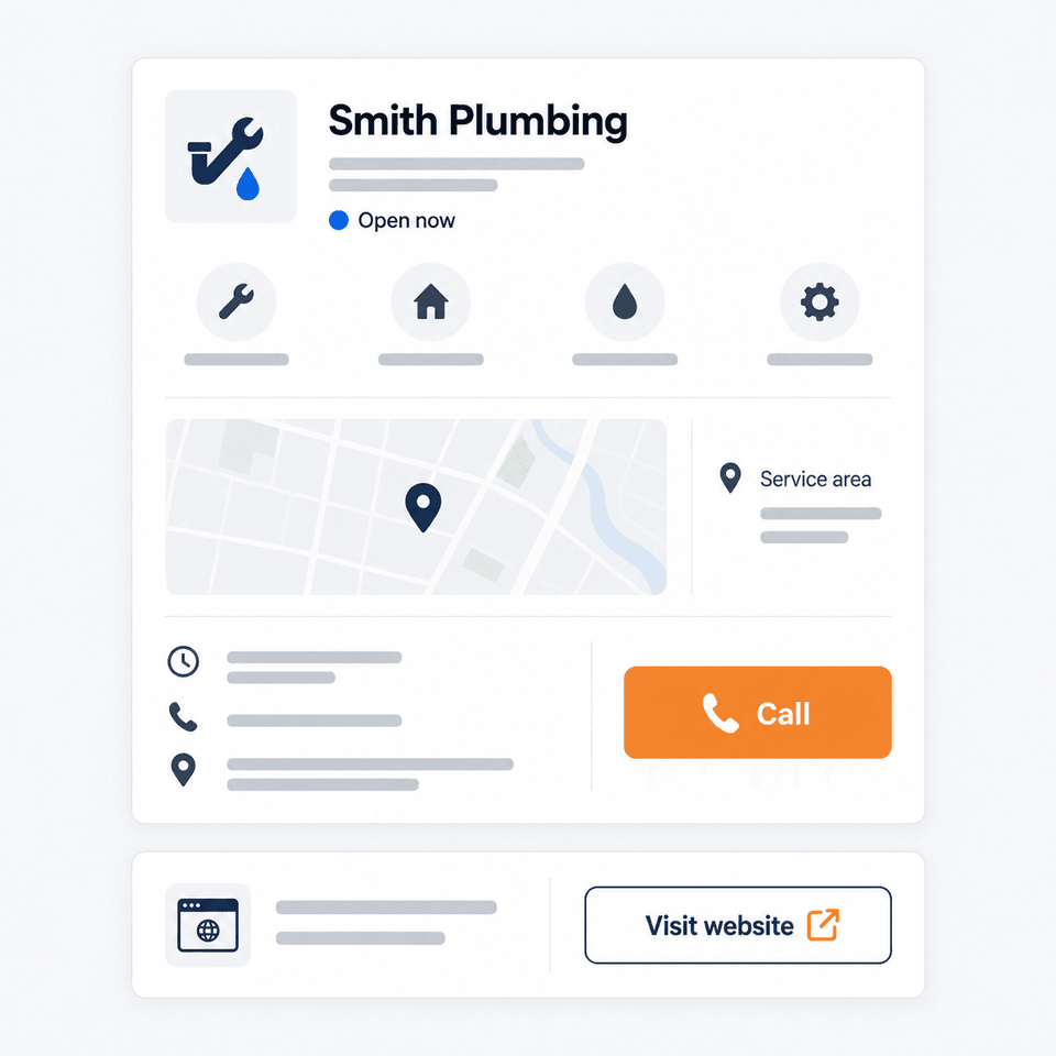 A generic local business listing with an open status, service area, and contact actions.